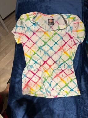 Dickies White Short-Sleeve Tee with Rainbow Tie-Dye Diamond Print